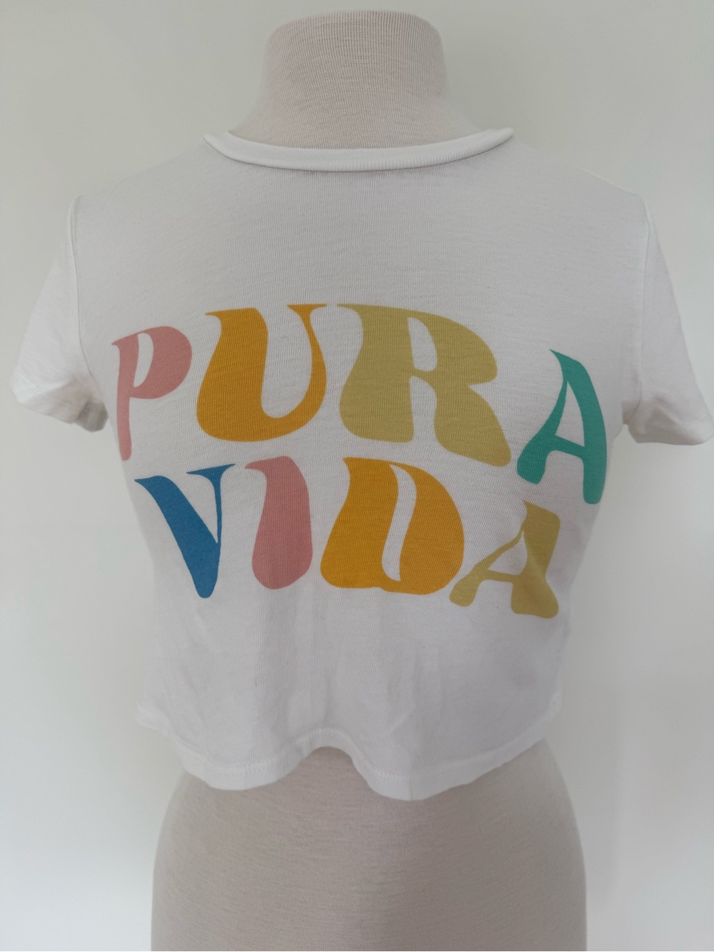 Pura Vida White Crop Top with Multicolor Retro Logo